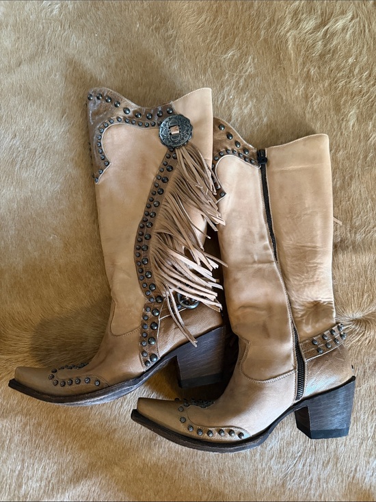 Old Gringo Shoes - Old Gringo Tan Leather Fringe Western Boots with Stud & Concho Detail